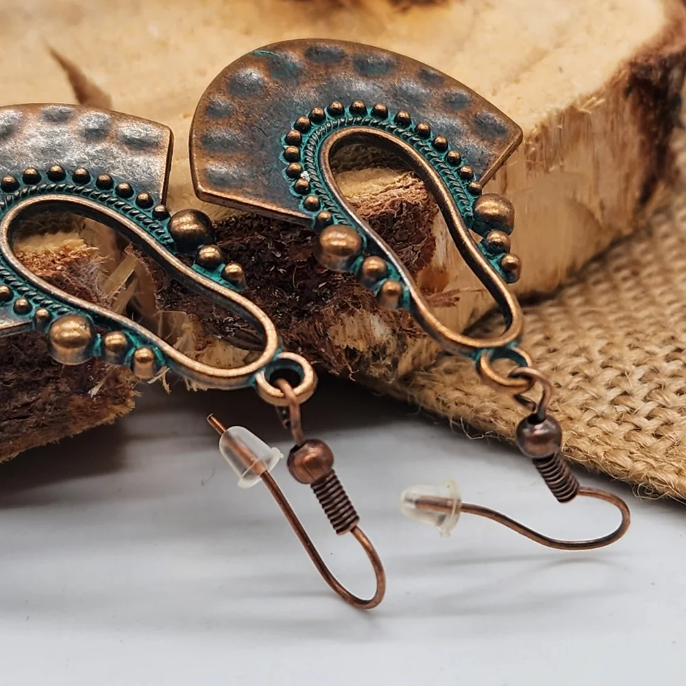Boho Jewelry Hammered Copper Antique Gold Green Patina Drop Earrings